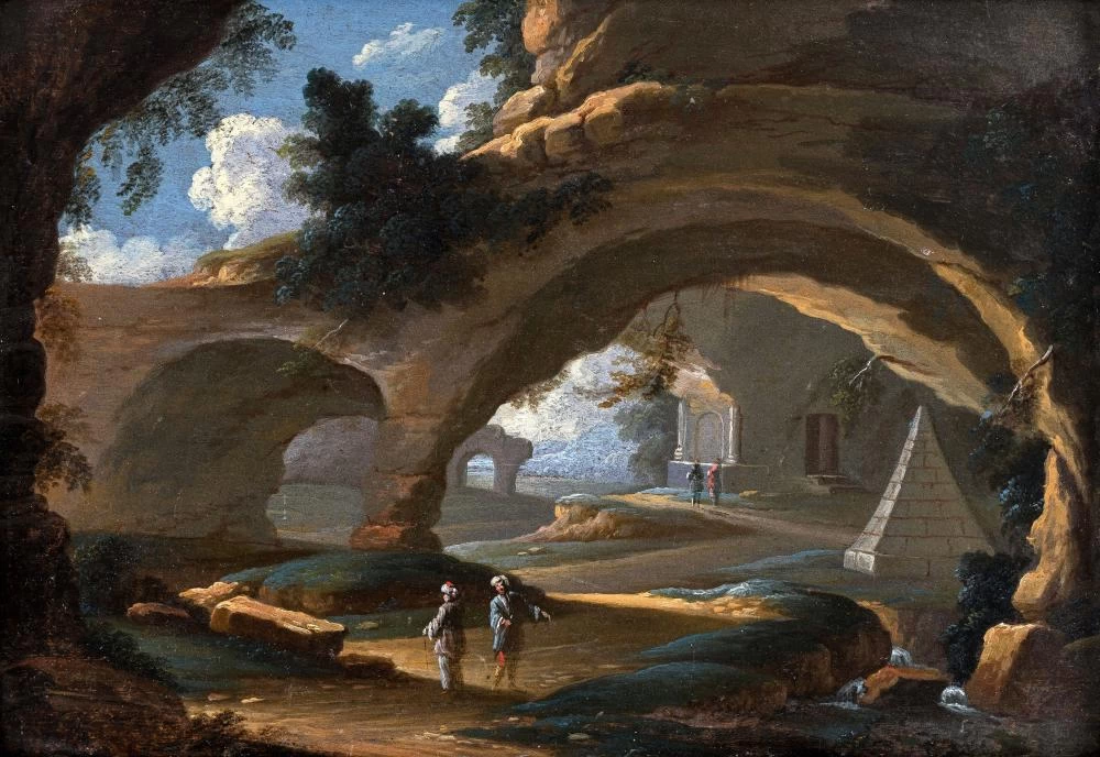 Paesaggio con archi di roccia naturali e antiche rovine